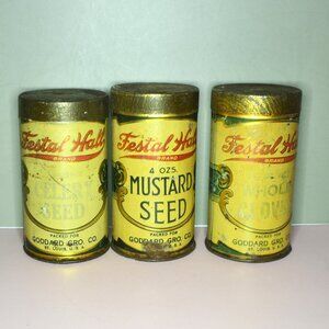 Vintage Spice Tins Kitchen Decor Festal Hall Mustard Celery Clove Farmhouse